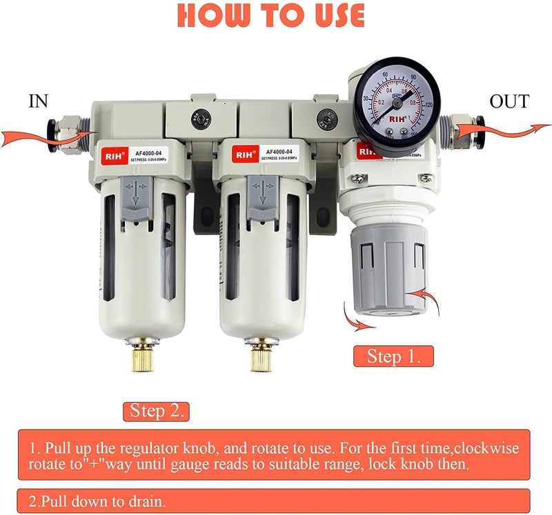 RIH Store Pneumatics DFR-04 1/2'' NPT Compressed Air Double Filter & Regulator, Air Drying System, Air Compressor Water Separator, Semi -Auto Drain, Poly Bowl,0-150 psi Gauge, 5 Micron Brass Element - Image 4